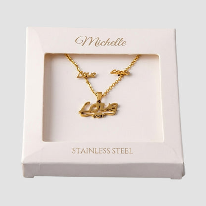 Stainless Steel Love Necklace Earring Box Set in Gold