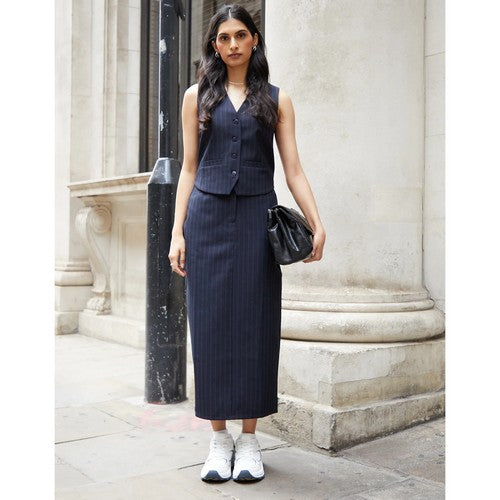 Threadbare Pinstripe Tailored Midi Skirt in Navy