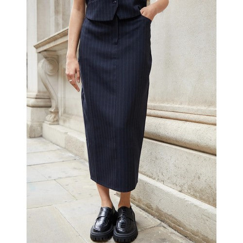TBLG08767 Threadbare Pinstripe Tailored Midi Skirt in Navy