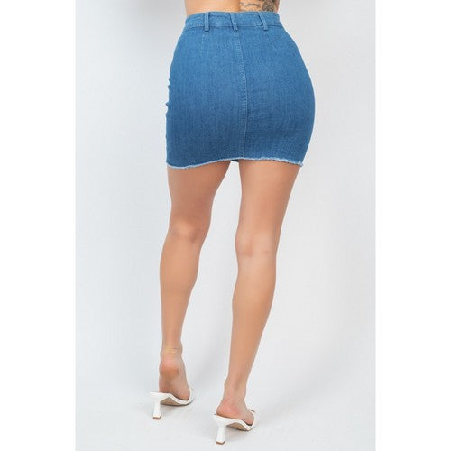 Crisscross Distressed Hem Skirt in Medium Denim