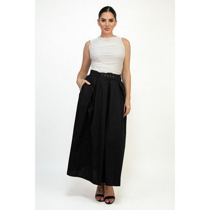 Belted Pleated Balloon Skirt in Black