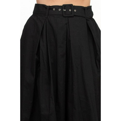 Belted Pleated Balloon Skirt in Black