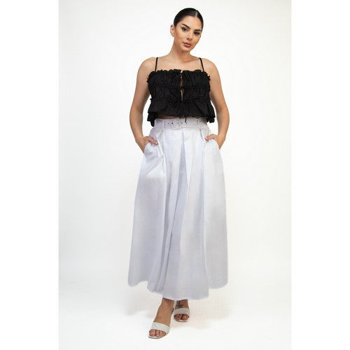 Belted Pleated Balloon Skirt in Off White
