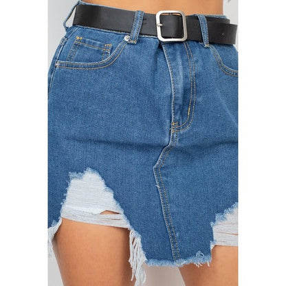 Distressed Denim Mini Skirt in Medium Denim