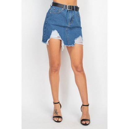 DSK27208 Distressed Denim Mini Skirt in Medium Denim