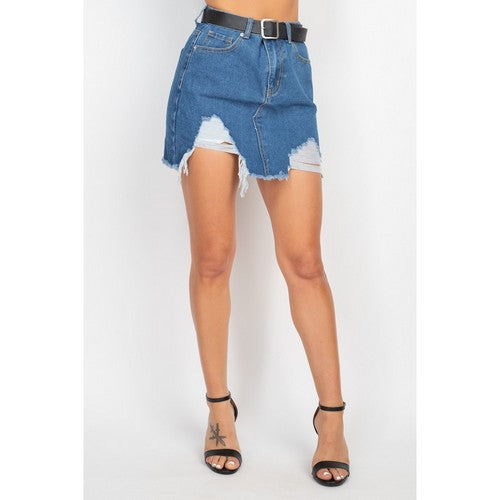 DSK27208 Distressed Denim Mini Skirt in Medium Denim