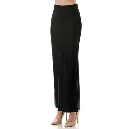 Satin Side Slit Bias Cut Maxi Skirt in Black