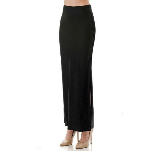 Satin Side Slit Bias Cut Maxi Skirt in Black