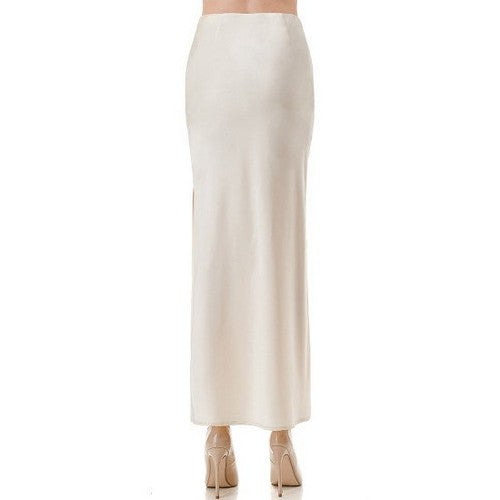 Satin Side Slit Bias Cut Maxi Skirt in Ivory