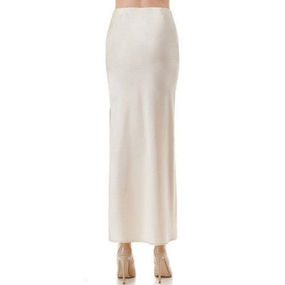 Satin Side Slit Bias Cut Maxi Skirt in Ivory