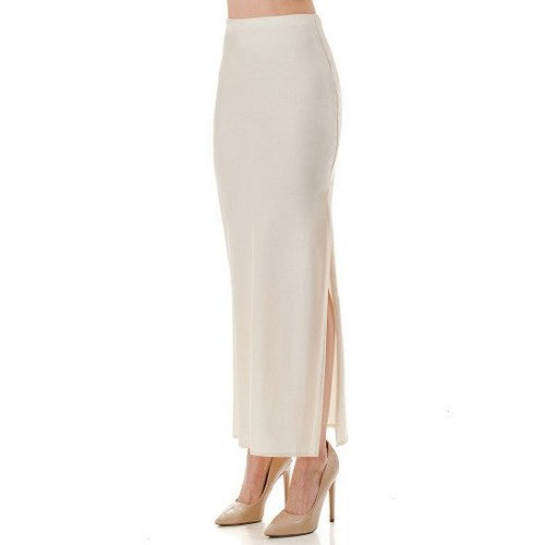 Satin Side Slit Bias Cut Maxi Skirt in Ivory