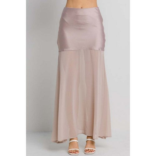 SGI6548-1 Mesh Satin Maxi Skirt in Latte