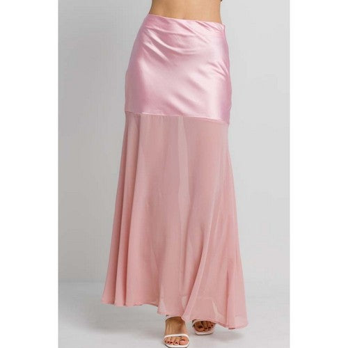 Mesh Satin Maxi Skirt in Pink