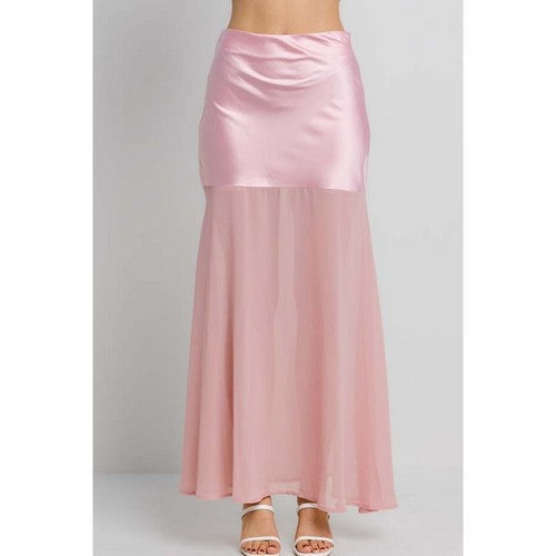 SGI6548-1 Mesh Satin Maxi Skirt in Pink