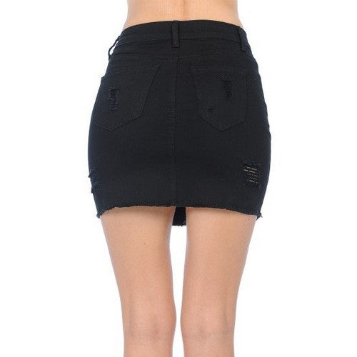 Wax Jean Destructed Frayed Hem Skirt in Black