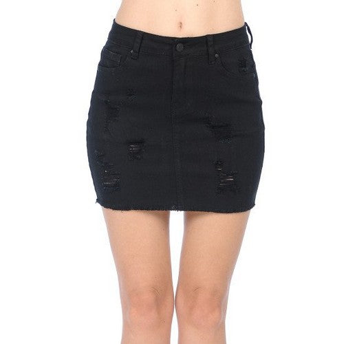 90114 Wax Jean Skirt Destruction & Frayed Hem Skirt in Black