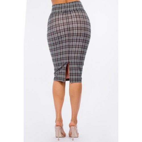 Ponte Knee-Length Pencil Skirt in Grey Plaid