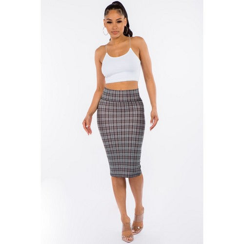 Ponte Knee-Length Pencil Skirt in Grey Plaid