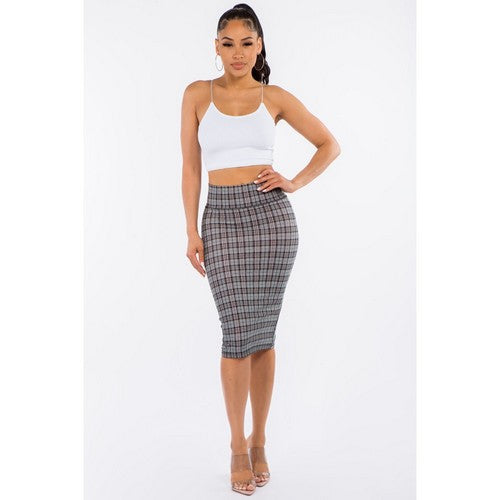 Ponte Knee-Length Pencil Skirt in Grey Plaid