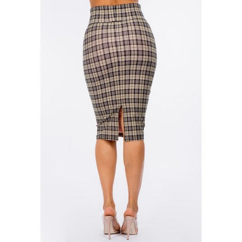 Ponte Knee-Length Pencil Skirt in Khaki Plaid