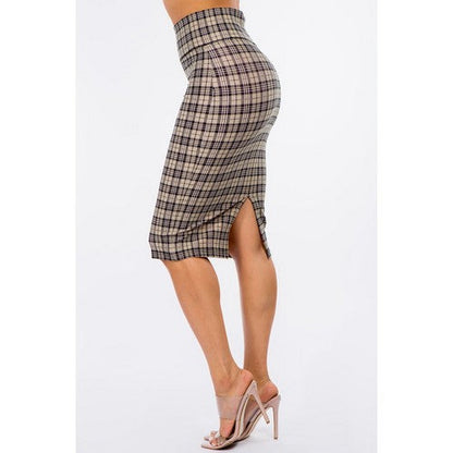 Ponte Knee-Length Pencil Skirt in Khaki Plaid
