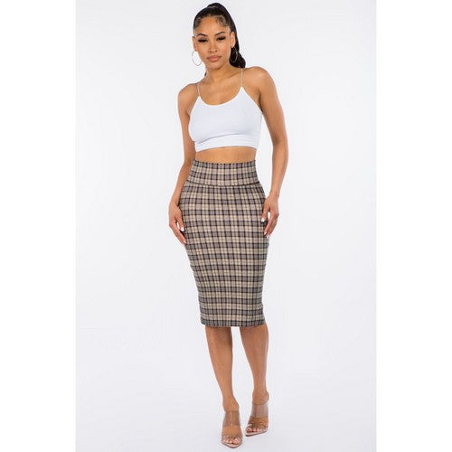 Ponte Knee-Length Pencil Skirt in Khaki Plaid