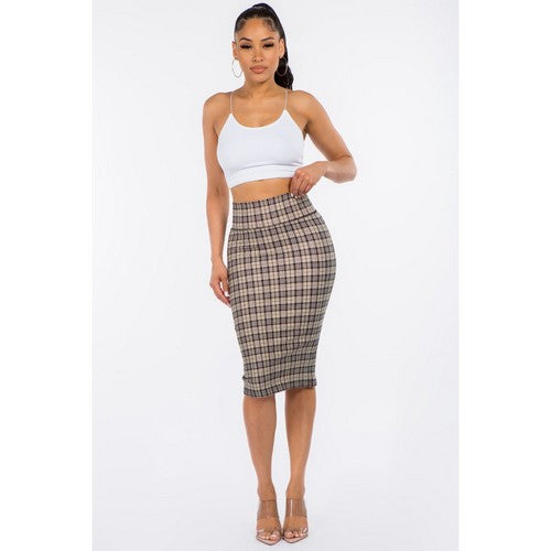 Ponte Knee-Length Pencil Skirt in Khaki Plaid