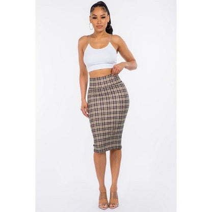 Ponte Knee-Length Pencil Skirt in Khaki Plaid