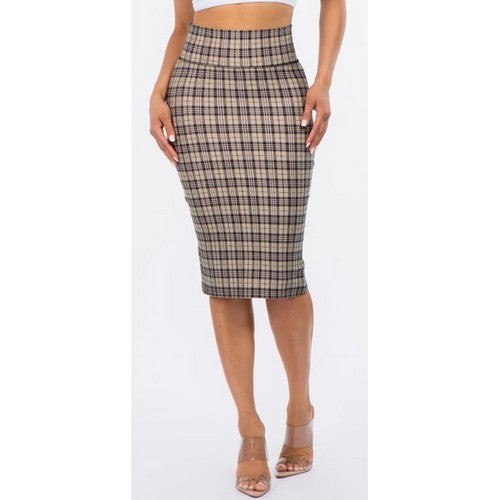 201CP Ponte Knee-Length Pencil Skirt in Khaki Plaid