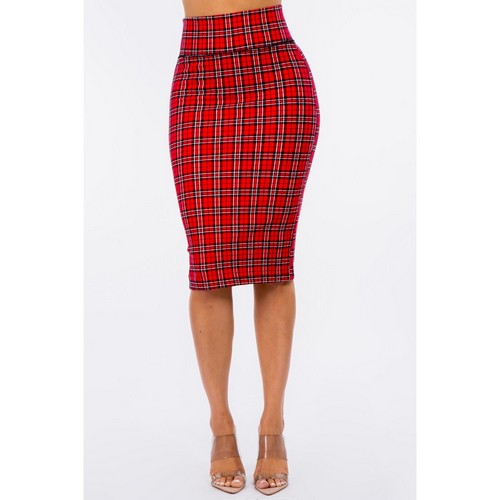 201CP Ponte Knee-Length Pencil Skirt in Red Plaid