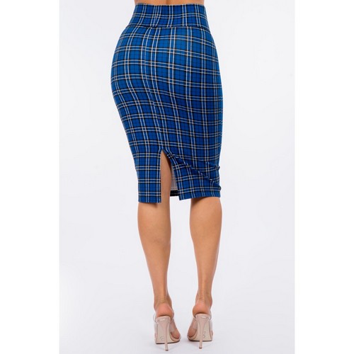 Ponte Knee-Length Pencil Skirt in Royal Blue Plaid