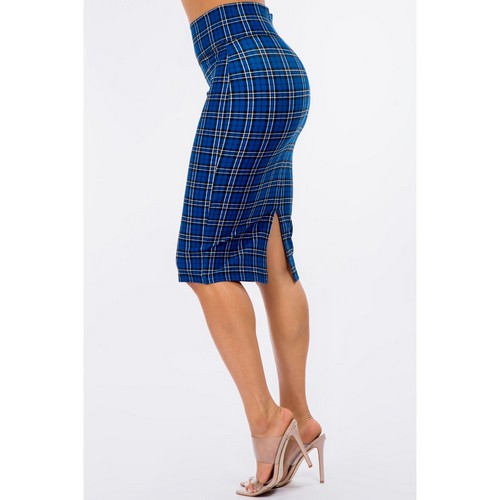 Ponte Knee-Length Pencil Skirt in Royal Blue Plaid