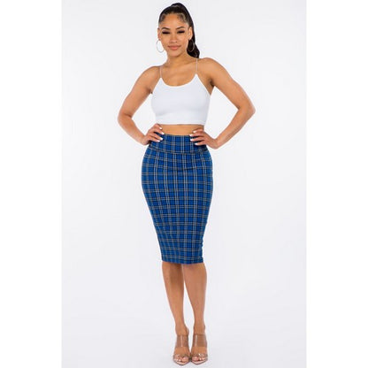 Ponte Knee-Length Pencil Skirt in Royal Blue Plaid