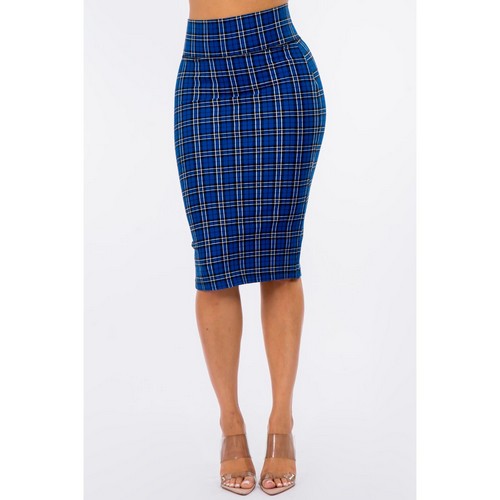 201CP Ponte Knee-Length Pencil Skirt in Royal Blue Plaid