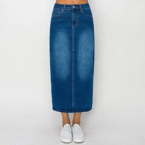  90345 Wax Jean Basic Jean Maxi Skirt in Dark Denim