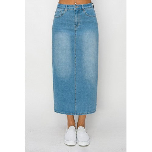 Wax Jean Basic Jean Maxi Skirt in Light Denim