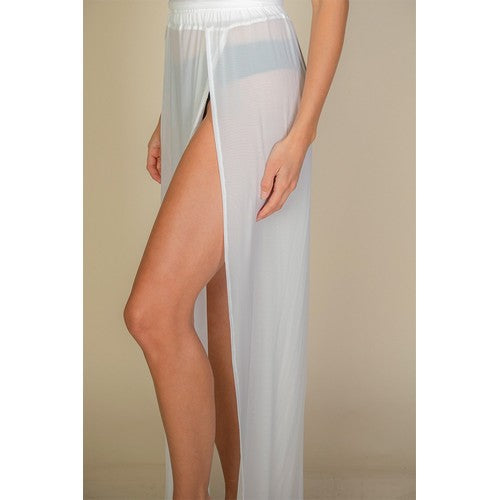 High Split Mesh Cover-Up Skirt in White