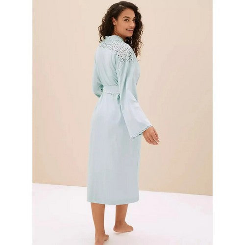 Marks & Spencer Pure Cotton Broderie Trim Wrap Gown in Light Blue