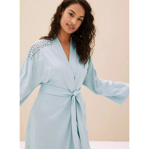 Marks & Spencer Pure Cotton Broderie Trim Wrap Gown in Light Blue