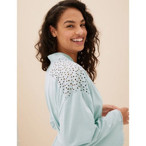 Marks & Spencer Pure Cotton Broderie Trim Wrap Gown in Light Blue