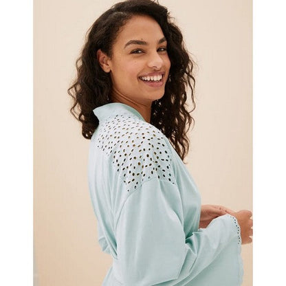 Marks & Spencer Pure Cotton Broderie Trim Wrap Gown in Light Blue