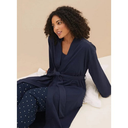Marks & Spencer Pure Cotton Broderie Trim Wrap Gown in Navy