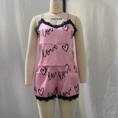Love Heart Satin & Lace Cami & Shorts Sleep Set in Pink
