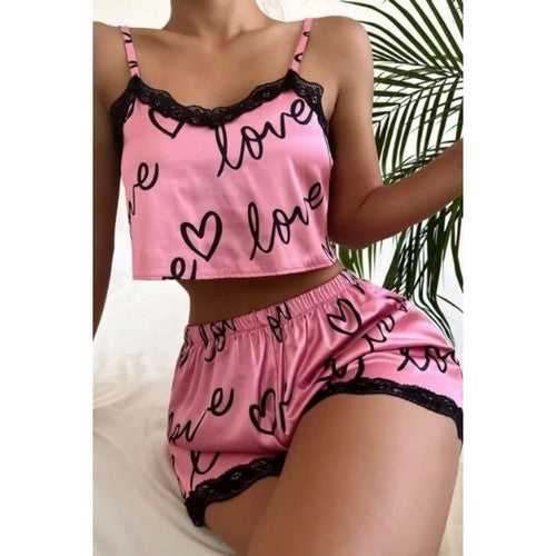 MG-2594 Satin Cami & Shorts Love Sleepwear Set in Pink