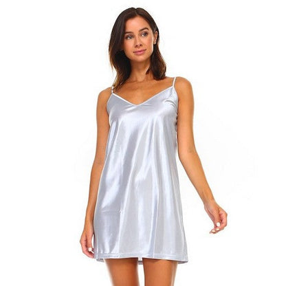 Stretch Satin Slip Night Dress in Silver
