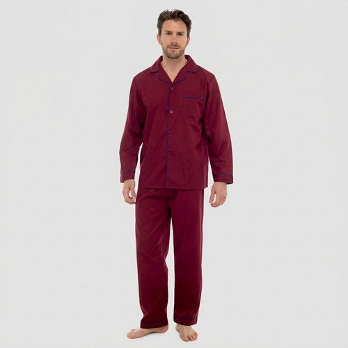 Walter Grange Traditional Pyjama Set in Dark Red with Navy Piping