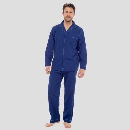 Walter Grange Traditional Pyjama Set in Navy with Blue Piping
