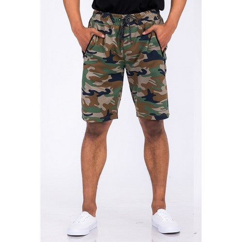 SP111-C729 Lux Zip Pocket Jogger Shorts in Camo Green