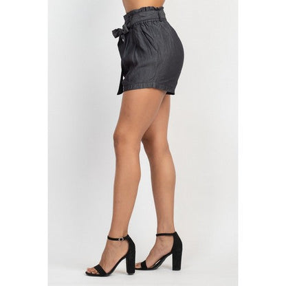 Denim Paper Bag High Waist Short in Black
