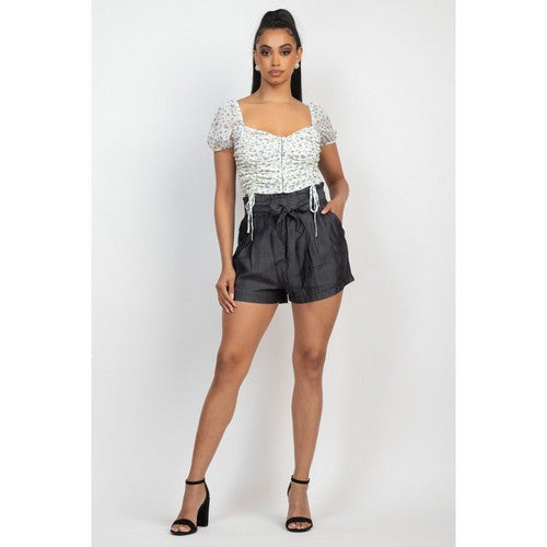 Denim Paper Bag High Waist Short in Black